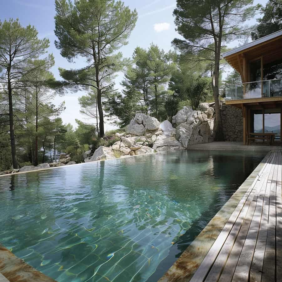 piscine de 15000m3 entouré de pins